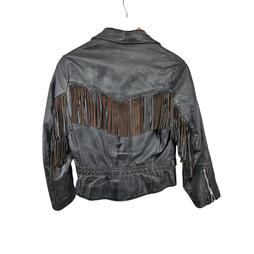 All American Rider Womens Black Leather Fringe Jacket‎ Size 10